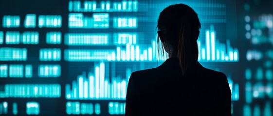 Retail investment accessibility. Silhouette of a businesswoman against a digital data background.