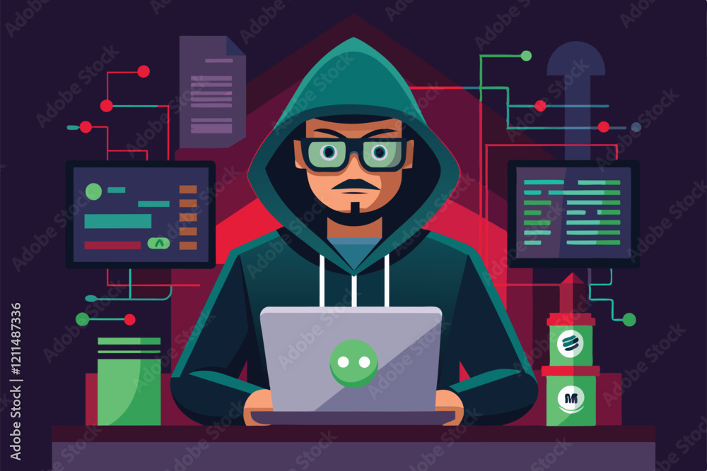 Poster a hacker engages with their laptop in a dimly lit workspace filled with data displays hacker customi
