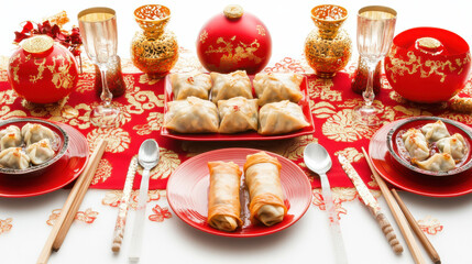 Dumplings served on a red plate with chopsticks and festive Chinese New Year decorations