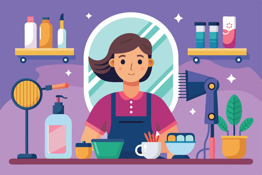 The hairdresser stands at her station, ready to serve clients in her vibrant salon Hairdresser Customizable Flat Illustration