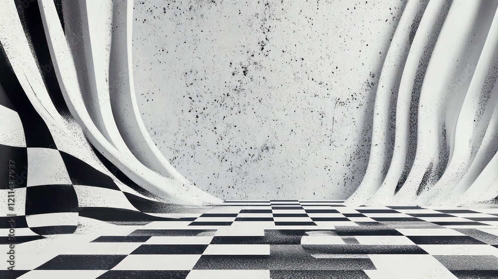 Poster abstract checkered floor and wave-like walls in a minimalist interior.