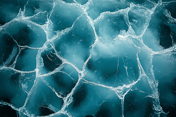 Ice texture with cracks and scratches on light blue frozen lake surface. Abstract pattern of cracked ice on river background. 