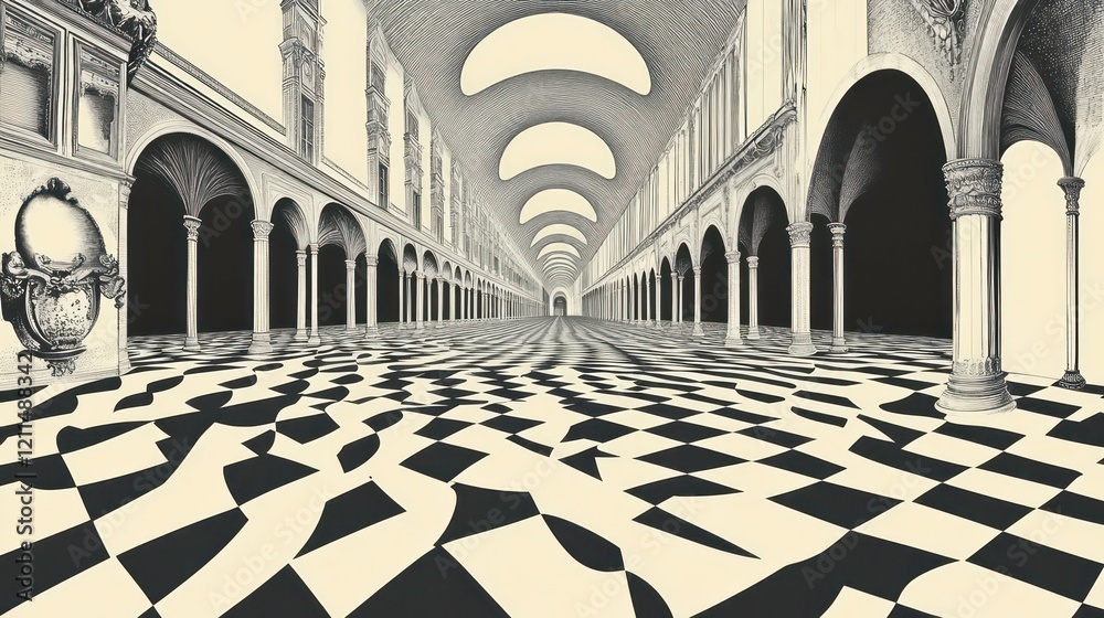Poster surreal perspective of a long hallway with a checkered floor and arched ceilings.