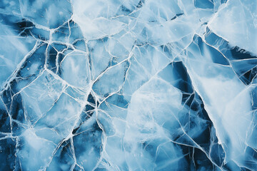 Ice texture with cracks and scratches on light blue frozen lake surface. Abstract pattern of cracked ice on river background. 
