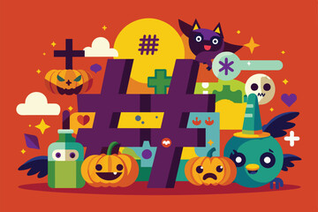 A colorful illustration showcasing Halloween symbols like pumpkins, a cat, and festive icons Halloween hashtags Customizable Flat Illustration