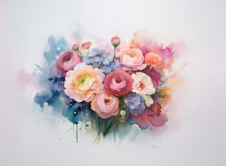 Fototapeta premium A vibrant bouquet of pastel ranunculus and other blossoms, artfully arranged against a soft watercolor background, evokes a feeling of delicate beauty and springtime freshness.