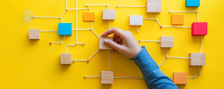 Business process and workflow automation with flowchart. Hand holding wooden cube block arranging processing management on yellow background, Generative AI