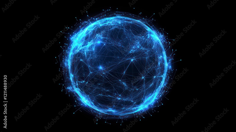 Poster Glowing blue sphere with interconnected lines and nodes on a black background, representing global network or digital connection.