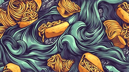 Noodles, hot dogs, waves, abstract, food art, design, texture, background