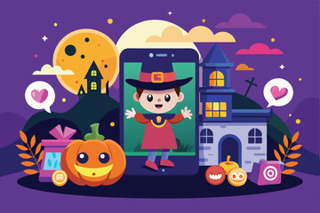 A whimsical illustration showcasing a witch on a smartphone with Halloween elements around her Halloween  feed Customizable Flat Illustration