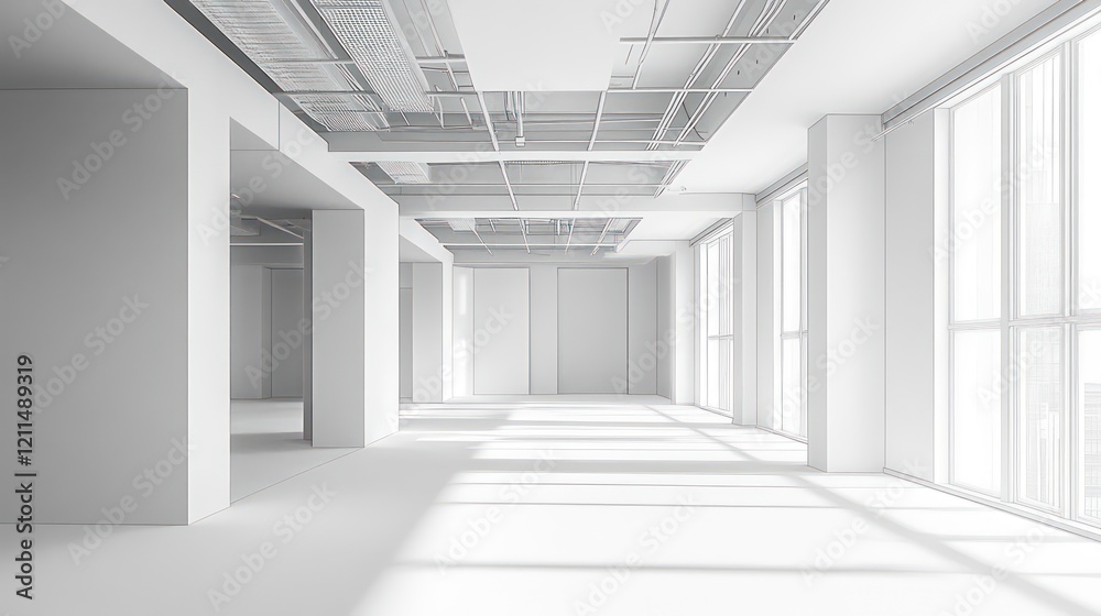 Poster empty white modern office space with large windows and exposed ceiling.