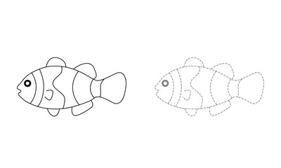 Tracing lines for toddlers. Handwriting practice sheet. Educational children game, printable worksheet for kids with Clown Fish.