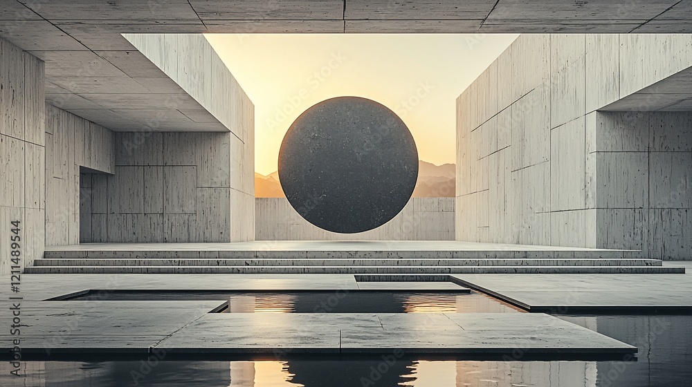 Poster minimalist architecture with a sphere at sunset.