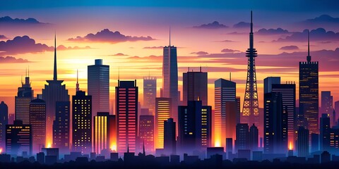 Modern Urban Skyline at Night with Illuminated Skyscrapers and a Stunning Cityscape View