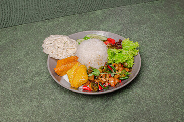 Stir-Fried Squid With Rice, Tofu, Tempe, Vegetable Salad, And Crackers, Served On A White Plate, A Savory And Spicy Dish.