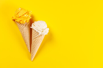 A refreshing ice cream cones set against a vibrant yellow background