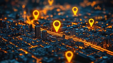 Aerial view of city map with yellow pushpin and orange lights showing night cityscape, tilt-shift digital art, location symbols, city streets and glowing dots indicating town landmarks.