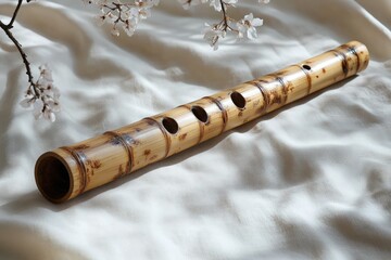 Naklejka premium Bamboo flute rests on silken fabric, near blossoms.