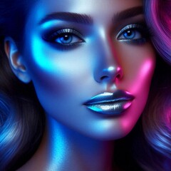 Metallic makeup. Radiant model showcasing flawless silver makeup and bold UV lit features, combining elegance and innovation. Great for beauty, cosmetics, futuristic art, and creative styling.
