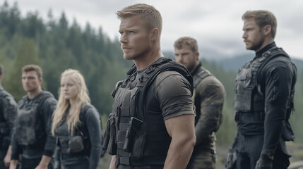 Fototapeta premium Tactical Team in the Woods: A serious and determined team of soldiers, clad in tactical gear, stands vigilant against a backdrop of a dense, dark forest. The atmosphere is intense.