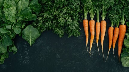 Fresh carrots and leafy greens arranged beautifully on a dark surface, showcasing vibrant colors and natural textures.