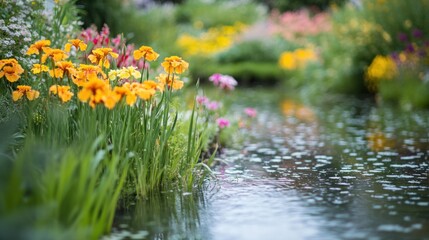 Serene Garden Stream with Blooming Irises