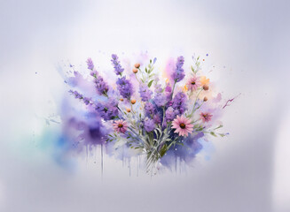 A watercolor painting of a lavender and daisy bouquet against a soft, muted background. The vibrant purple and soft pink flowers are beautifully rendered with splashes of color.