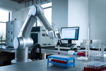A robotic arm operates in a modern laboratory, handling test tubes and equipment, showcasing automation in scientific research.
