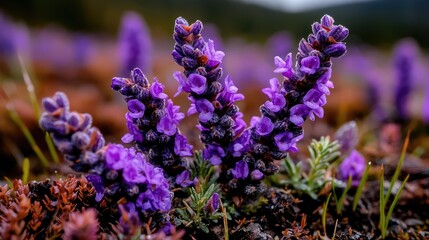 Obraz premium Purple wildflower blossoms grow on a mossy ground in an alpine meadow during daytime.