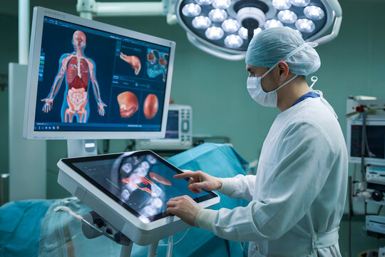 A medical professional analyzes anatomical images on a modern touchscreen monitor in a surgical environment.