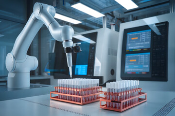 A robotic arm is handling test tubes in a modern laboratory, showcasing advanced automation and technology in scientific research.