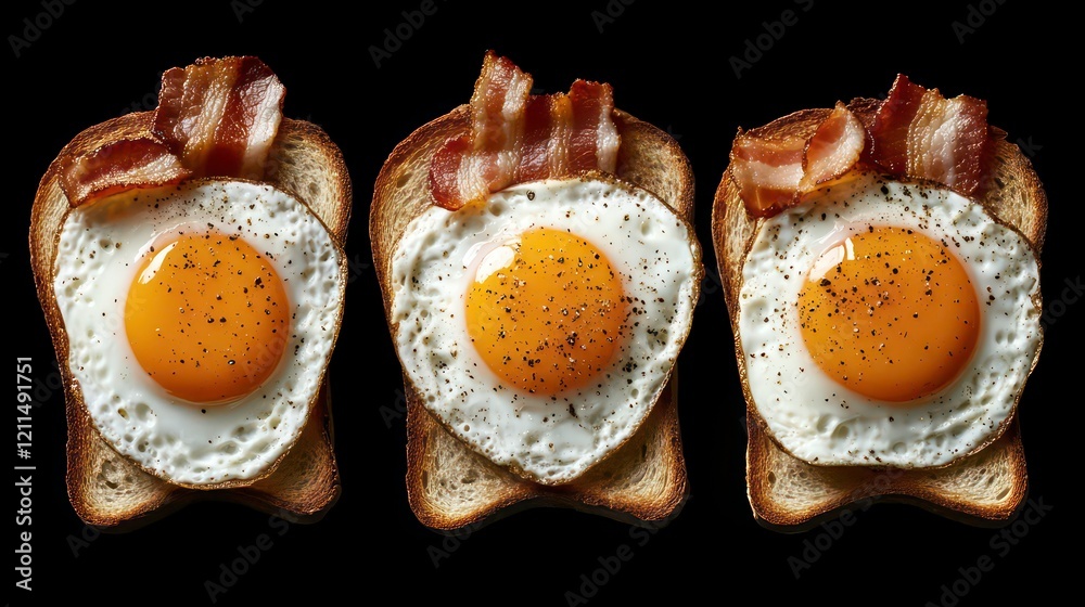 Poster Three slices of toast topped with fried eggs and crispy bacon, isolated on a black background.