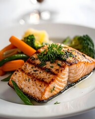 Flavorful Grilled Salmon Dish Topped with Herbs and Served with Steamed Vegetables in Soft Daylight