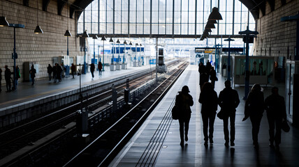 Fototapeta premium Silhouettes of people walking at a train station, creating a dramatic and moody atmosphere, perfect for illustrating urban travel themes. 