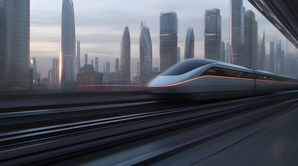 Naklejka premium Sleek Electric Train Speeding Through Modern Urban Landscape With Futuristic Skyline