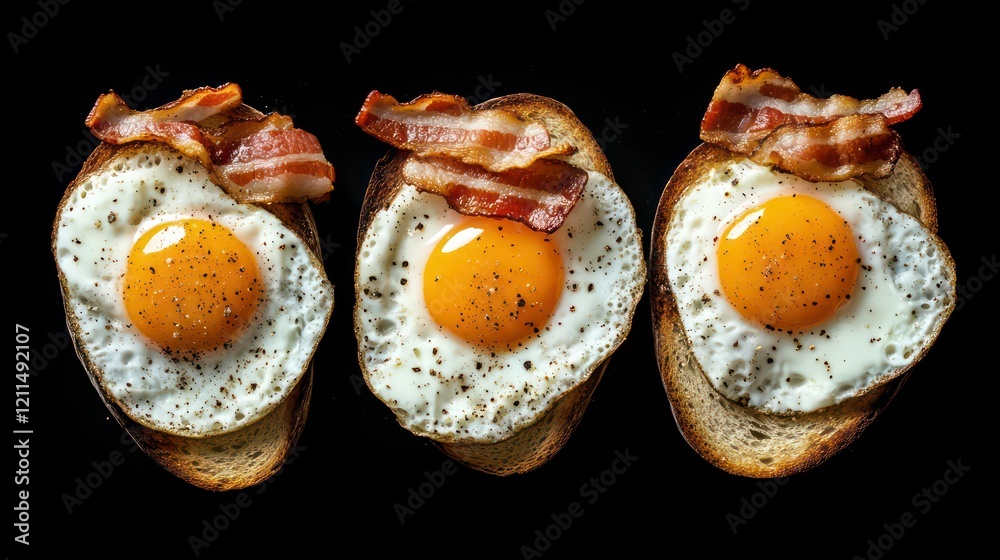 Poster three fried eggs with bacon on toasted bread, overhead shot.