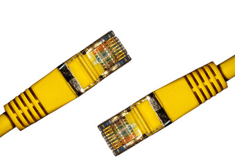 This is a picture of two yellow Ethernet cables. They are not connected and isolated on a white background.
