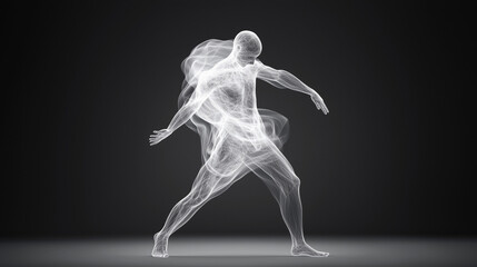Abstract Dancer: A stylized, ethereal figure of a dancer captured in motion, rendered in luminous white lines against a dark background, conveying grace, fluidity, and dynamism.