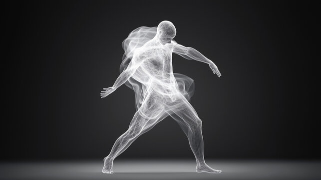 Abstract Dancer: A stylized, ethereal figure of a dancer captured in motion, rendered in luminous white lines against a dark background, conveying grace, fluidity, and dynamism.