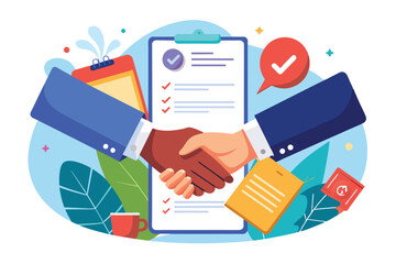 Two partners celebrating a contract agreement with a handshake and checklist in a professional environment Handshake, contract signature, successful partnership, cooperation