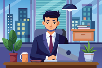 Businessman focused on his laptop, surrounded by plants and a view of the city outside his office Handsome businessman working in office style vector