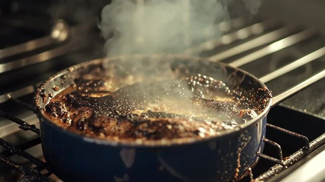 Tray of black charred casserole close up. Spoiled ruined dish, julienne are burnt in oven closeup. Food was overcooked. Bad cook, housewife.
