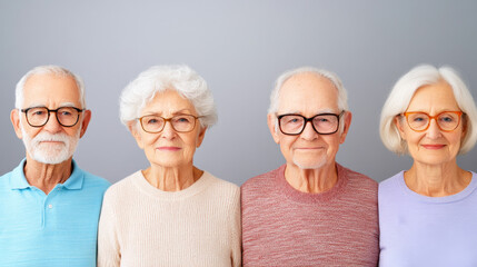 A close-up group shot of four senior adults wearing glasses and casual outfits, standing together and smiling. Explore themes of friendship, aging gracefully, and companionship in a relaxed setting.