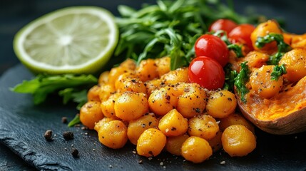 Roasted Chickpeas with Sweet Potato and Arugula
