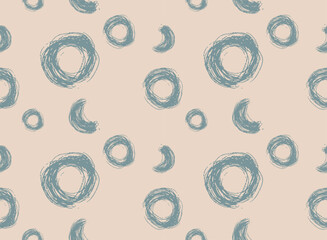 Minimal tribal seamless pattern with hand drawn circles. Gouache painting background with scribble elements