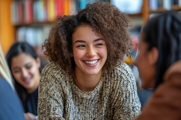 Happy student smiling and talking with friends in library