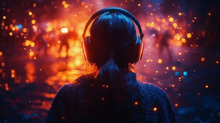 Gamer immersed in fantasy battle with RGB headphones and sound vibrations in background