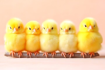 Fototapeta premium Five fluffy yellow chicks perched on a branch