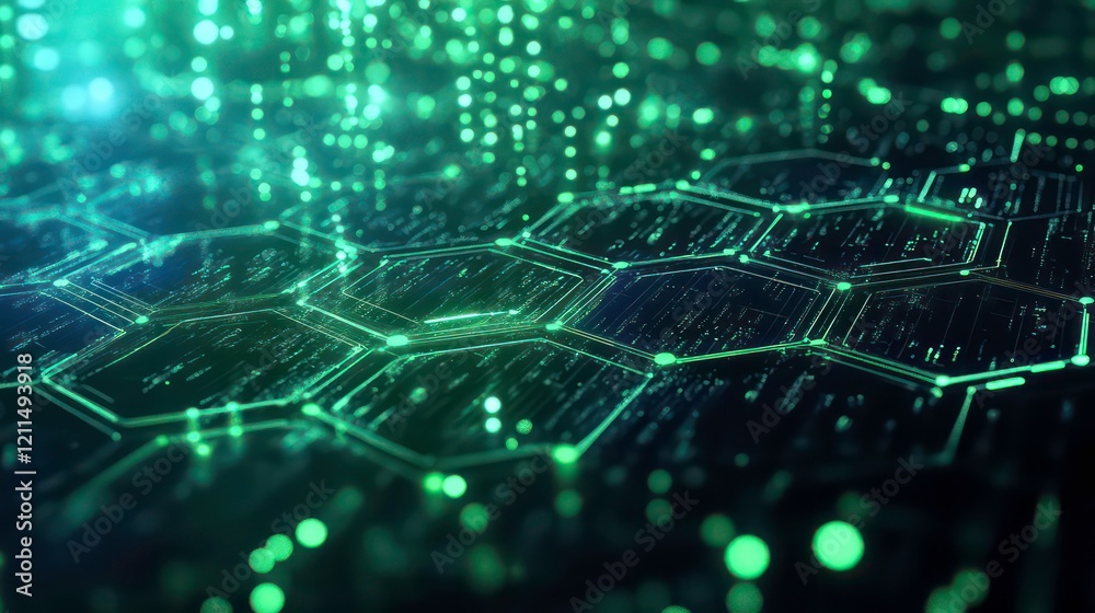 Aufkleber Abstract digital hexagon pattern with glowing green lines and data streams.