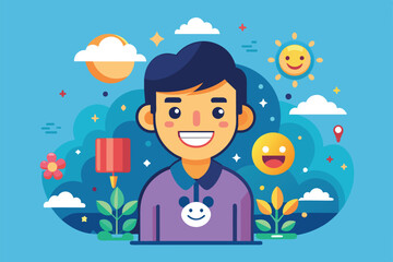 A smiling young man enjoys a vibrant backdrop of flowers, clouds, and cheerful emojis under sunny weather Happiness Customizable Flat Illustration